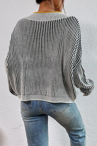 V-Neck Contrast Trim Striped Sweater