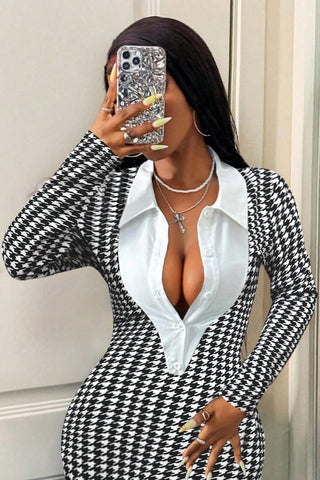 Elegant Houndstooth Long Sleeve Dress