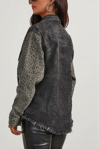 Snap-Front Leopard Sleeve Denim Jacket