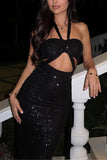Halter Cutout Sequin Evening Dress