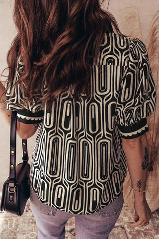 Geometric Contrast Scallop Patchwork Blouse