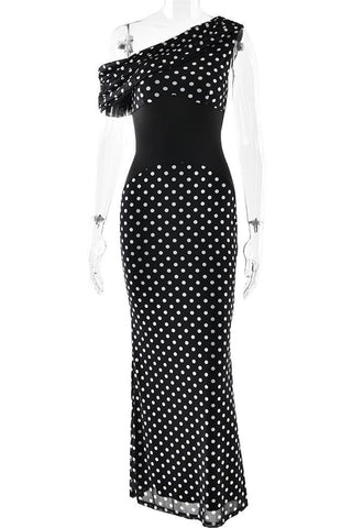 Off-Shoulder Polka Dot Evening Dress