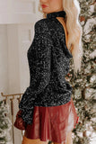 Sequin Mock Neck Drape Open Back Bell Sleeve Top