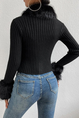 Faux Fur Trim Cardigan with Button Detailing