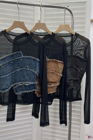 Distressed Denim Patchwork T-Shirt