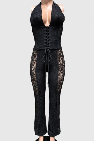 Lace-Up Halter Lace Jumpsuit