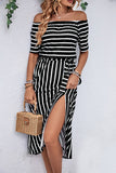 Off-Shoulder Striped Midi Dress