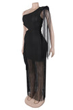 One-Shoulder Fringe Evening Dress