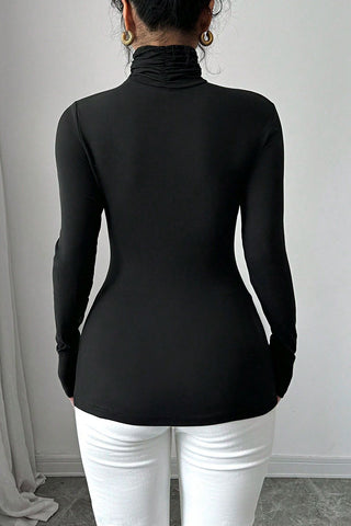 Floral Appliqué Long-Sleeve Turtleneck Top