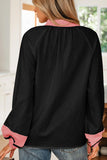 Color Block Patchwork V Neck Blouse