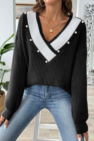 Pearl Accented V-Neck Sweater