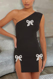 One-Shoulder Mini Dress with Bow Accents