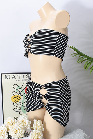 Striped Buttoned Bandeau and Skirt Set