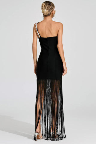 Fringe Detail One-Shoulder Evening Dress