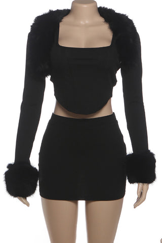 Fuzzy Trim Two-Piece Skirt Set