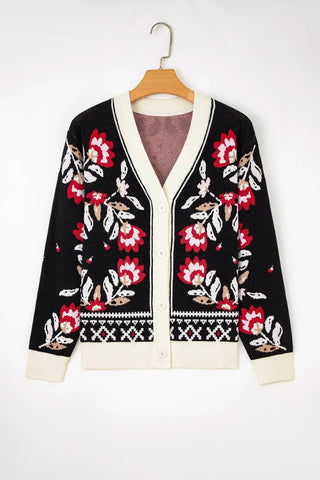 Floral Print Buttoned V Neck Cardigan