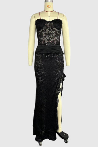 Lace Spliced Skirt Set With Ruched Detail