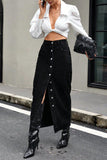 Button-Front Denim Midi Skirt