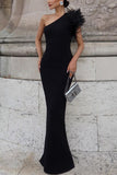 One-Shoulder Evening Dress with Feather Detail