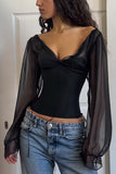 Sheer Sleeve Lace-Up Blouse