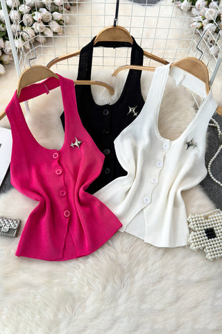 Button-Front Tank Top with Star Detail