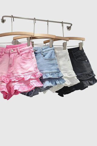Ruffled Hem Denim Shorts