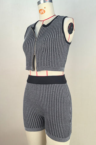 Zip-Front Striped Short Set