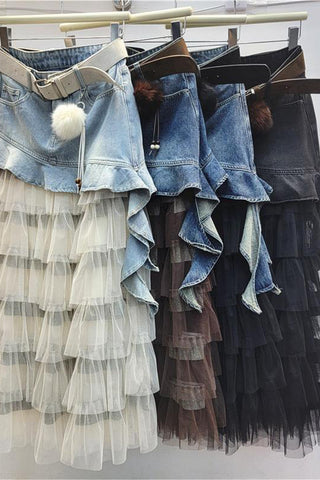 Layered Ruffle Denim Skirt