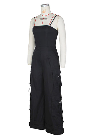 Wide-Leg Cargo Jumpsuit with Straps