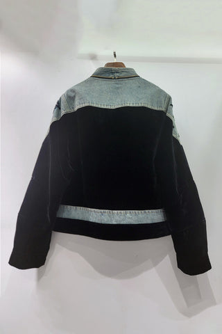Embellished Denim Patch Velvet Jacket