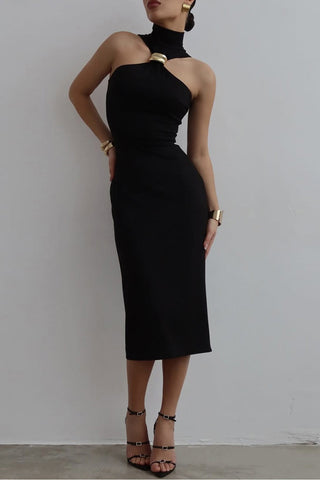 Asymmetric Halter Midi Dress