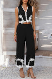 Floral Trim Wide-Leg Pants Set