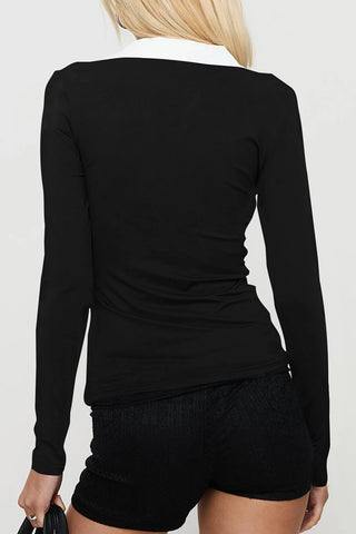 Collared V-Neck Long Sleeve Top