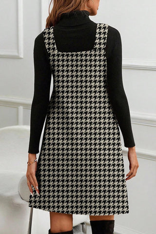 Houndstooth V Neck Sleeveless Mini Dress