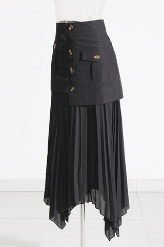 Button-Detail Pleated Skirt