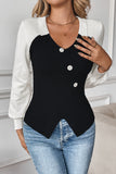 Stylish Contrast Button-Up Blouse