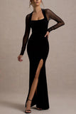 Elegant Sheer-Sleeve Evening Dress