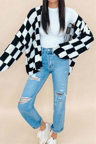 Checkered Open-Front Cardigan