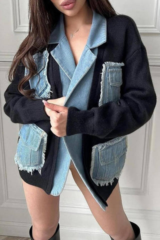 Distressed Pocket Cardigan with Denim Trim