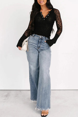 Sheer Lace Long Sleeve Henley Top