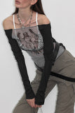 Off-Shoulder Graphic Mesh Top