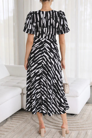 Puff Sleeve Printed Midi Dress