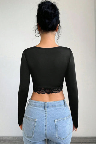 Lace Trim Long-Sleeve Crop Top