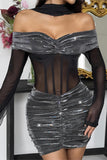 Off-Shoulder Sheer Mesh Mini Dress