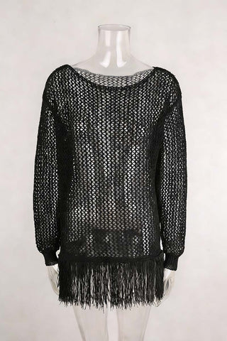 Off-Shoulder Mesh Fringe Cover-Up