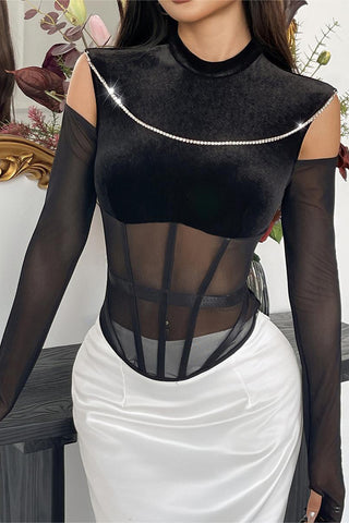 Sheer Mesh Rhinestone Trim Top