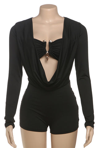 Draped Front Long Sleeve Romper