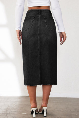 High-Slit Denim Midi Skirt