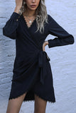 Wrap-Style Casual Dress with Lace Trim