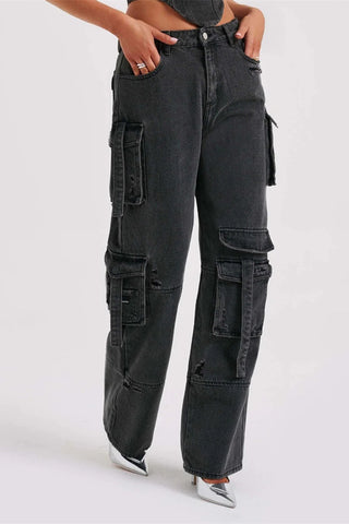 Utility Pocket Wide Leg Denim Jeans